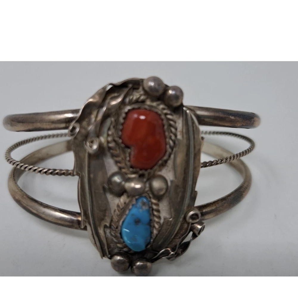 Vintage Navajo Sterling Silver Turquoise And Coral Cuff Bracelet Signed FP